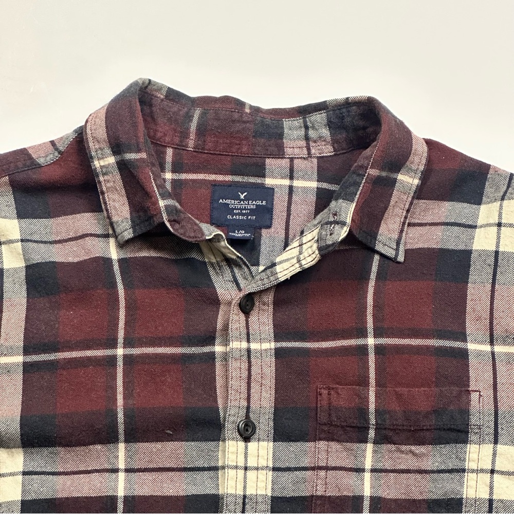 American Eagle Outfitters Men's Plaid Flannel Shirt - Maroon and Cream - Picture 5 of 7